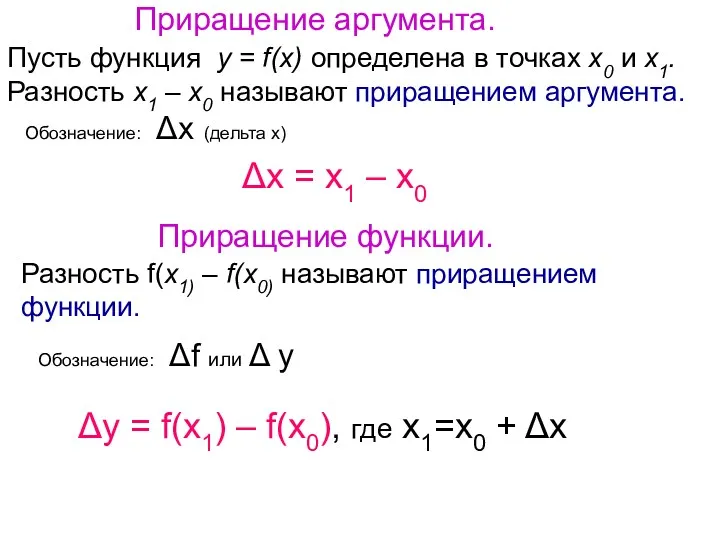 Приращение аргумента. Пусть функция у = f(х) определена в точках х0 и х1.