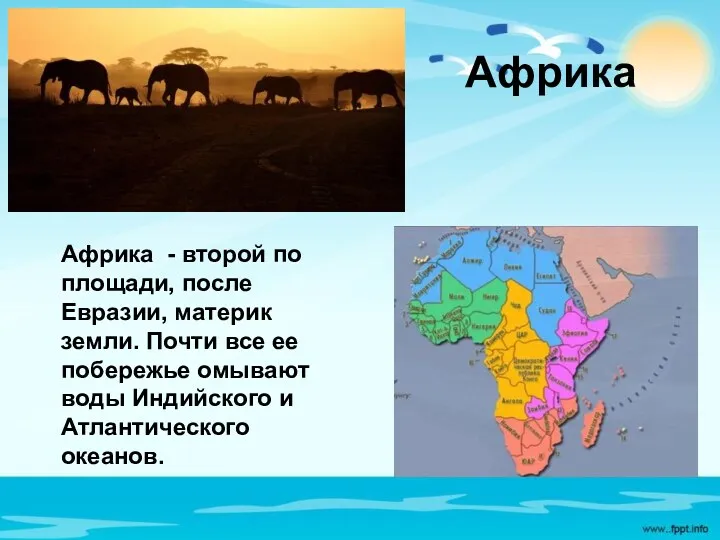 Африка Африка - второй по площади, после Евразии, материк земли.