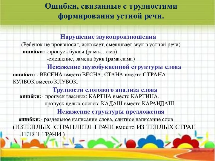 Ошибки, связанные с трудностями формирования устной речи. Нарушение звукопроизношения (Ребенок не произносит, искажает,