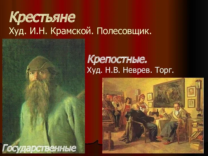 Крестьяне Худ. И.Н. Крамской. Полесовщик. Государственные Крепостные. Худ. Н.В. Неврев. Торг.