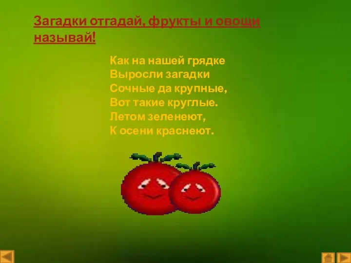 Как на нашей грядке Выросли загадки Сочные да крупные, Вот