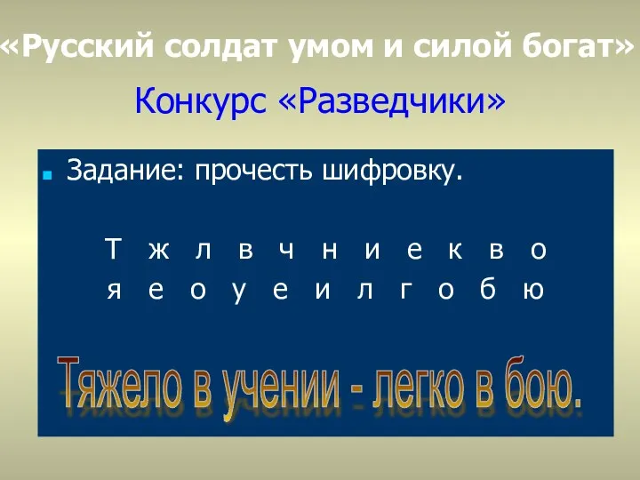 Конкурс «Разведчики» Задание: прочесть шифровку. Т ж л в ч