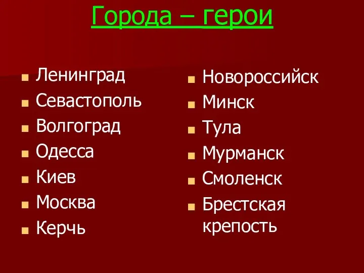 Города – герои Ленинград Севастополь Волгоград Одесса Киев Москва Керчь