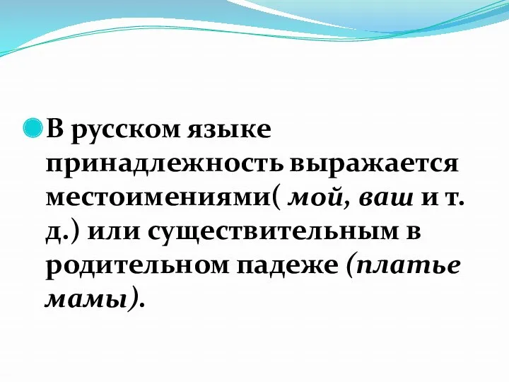 В русском языке принадлежность выражается местоимениями( мой, ваш и т. д.) или существительным