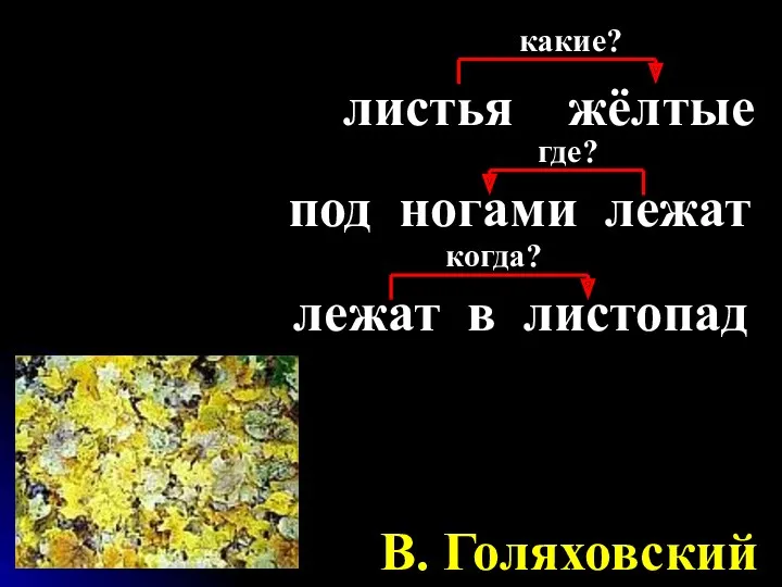 листья жёлтые В. Голяховский какие? под ногами лежат где? лежат в листопад когда?