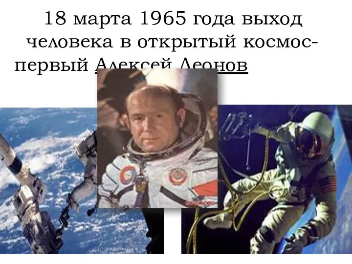 18 марта 1965 года выход человека в открытый космос- первый Алексей Леонов