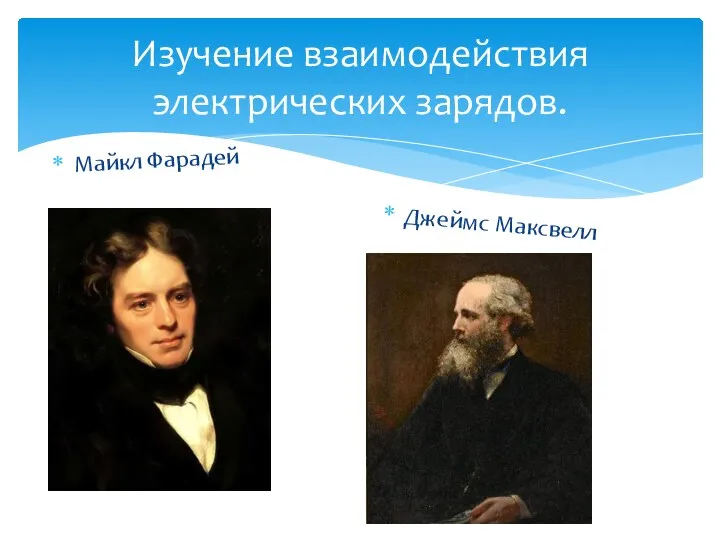 Изучение взаимодействия электрических зарядов. Майкл Фарадей Джеймс Максвелл