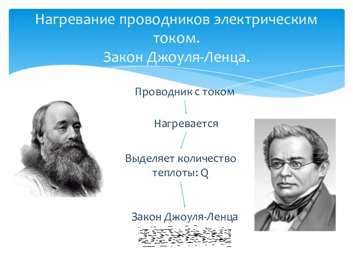 Нагревание проводников электрическим током. Закон Джоуля-Ленца. Проводник с током Нагревается Выделяет количество теплоты: Q Закон Джоуля-Ленца