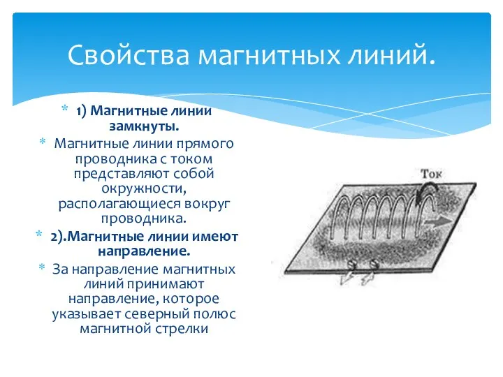 Свойства магнитных линий. 1) Магнитные линии замкнуты. Магнитные линии прямого