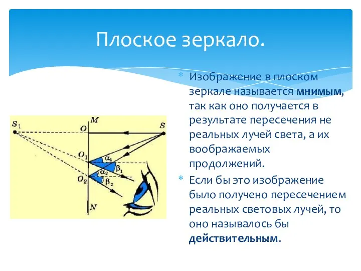 Плоское зеркало. Изображение в плоском зеркале называется мнимым, так как