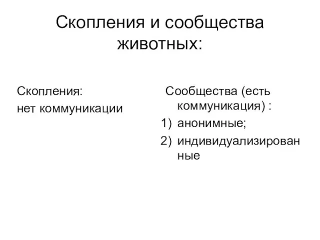 Скопления и сообщества животных: Скопления: нет коммуникации Сообщества (есть коммуникация) : анонимные; индивидуализированные