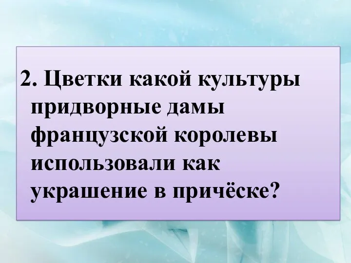 2. Цветки какой культуры придворные дамы французской королевы использовали как украшение в причёске?