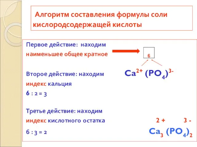 Алгоритм составления формулы соли кислородсодержащей кислоты Первое действие: находим наименьшее