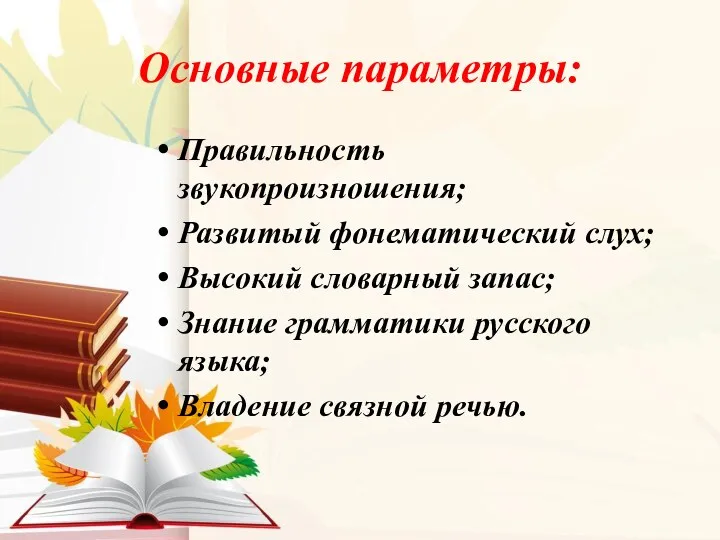 Основные параметры: Правильность звукопроизношения; Развитый фонематический слух; Высокий словарный запас;