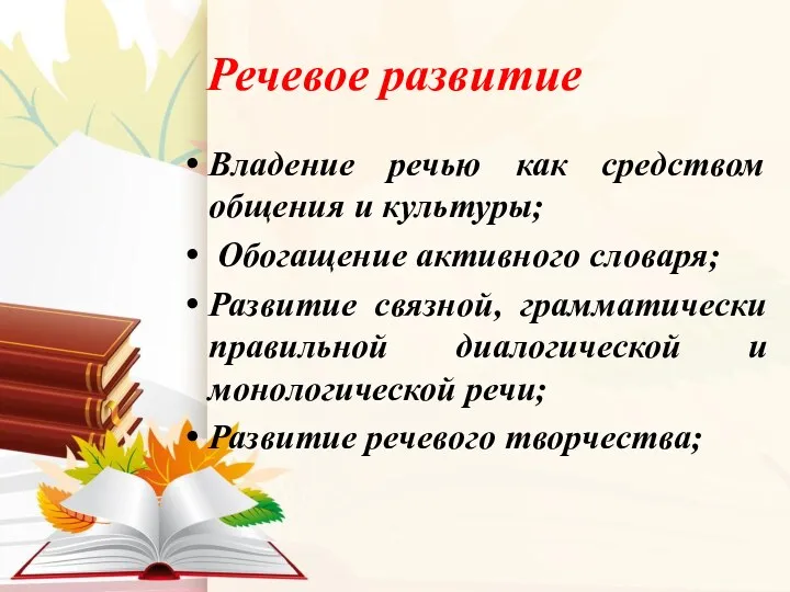 Речевое развитие Владение речью как средством общения и культуры; Обогащение