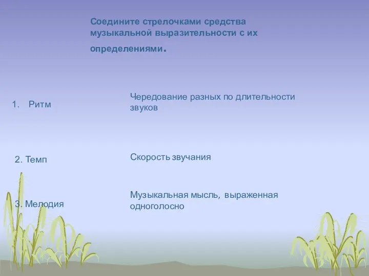 Соедините стрелочками средства музыкальной выразительности с их определениями. Ритм 2.