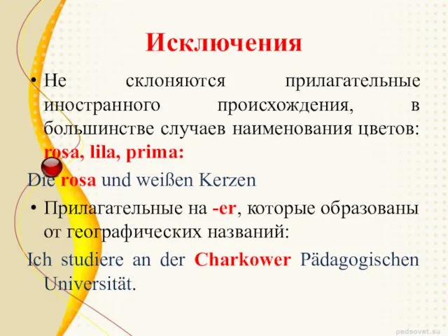 Исключения Не склоняются прилагательные иностранного происхождения, в большинстве случаев наименования