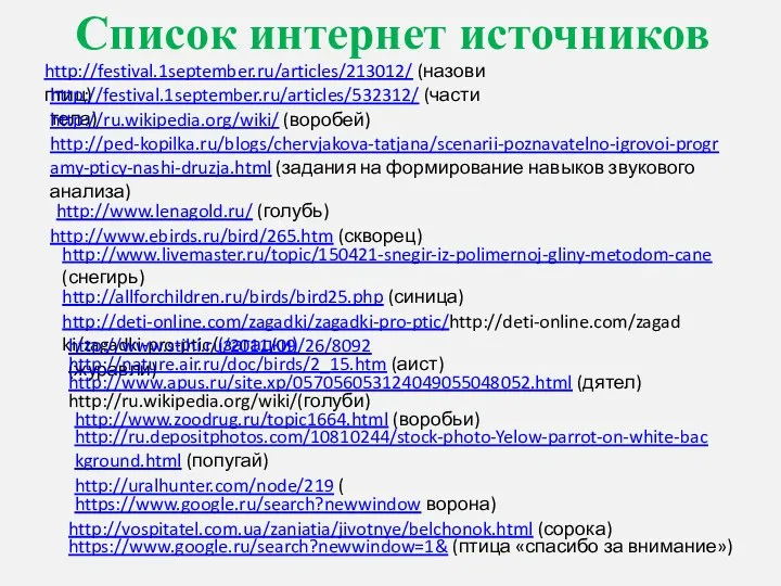 Список интернет источников http://festival.1september.ru/articles/213012/ (назови птиц) http://festival.1september.ru/articles/532312/ (части тела) http://ped-kopilka.ru/blogs/chervjakova-tatjana/scenarii-poznavatelno-igrovoi-programy-pticy-nashi-druzja.html