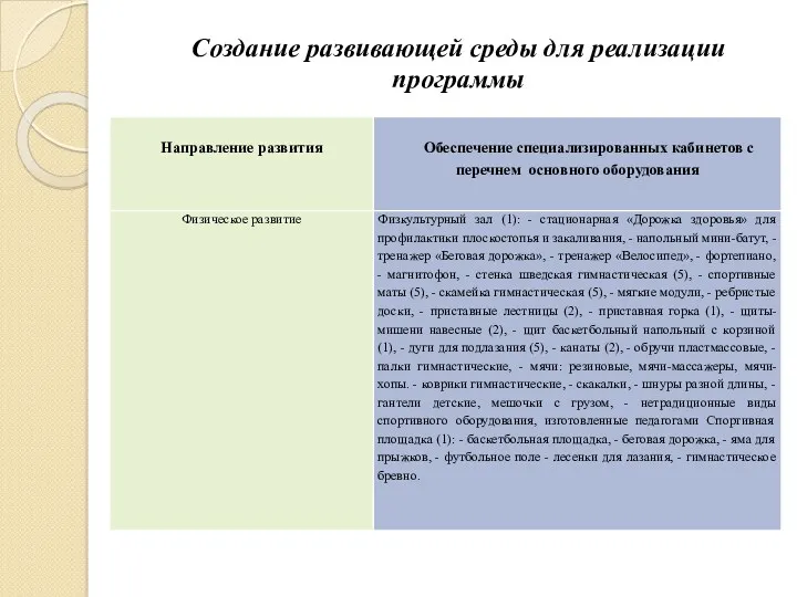 Создание развивающей среды для реализации программы