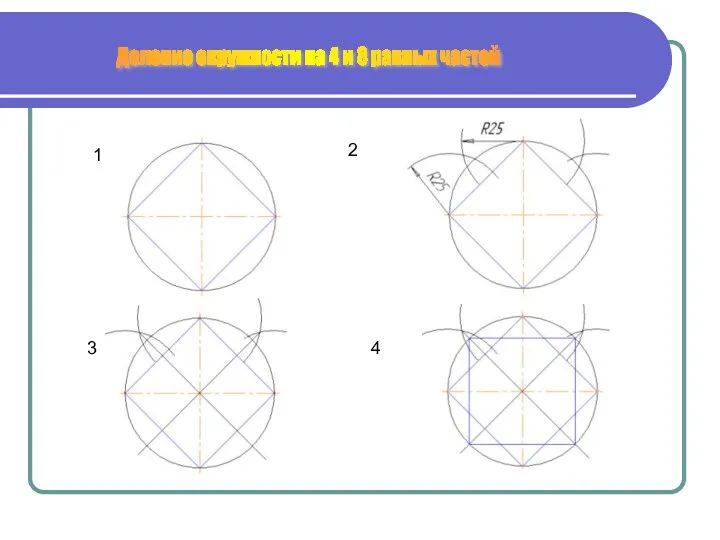1 2 3 4 Деление окружности на 4 и 8 равных частей