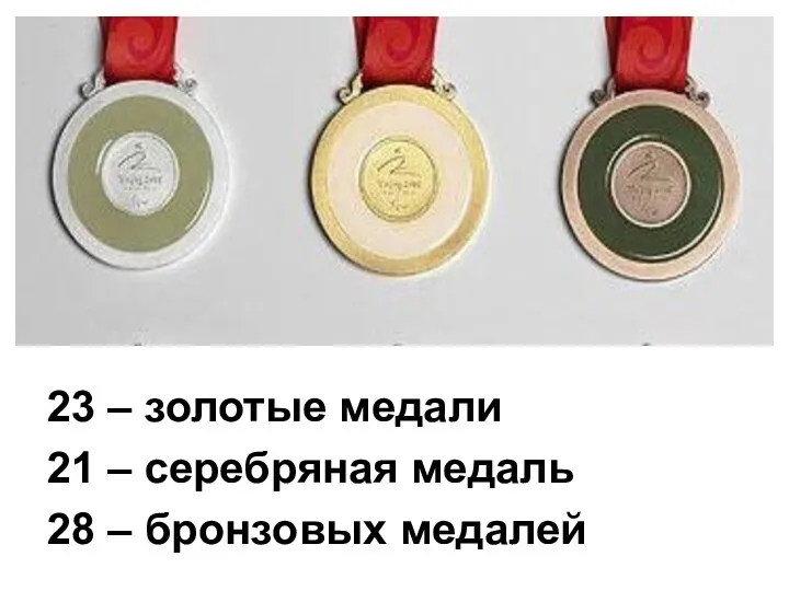 23 – золотые медали 21 – серебряная медаль 28 – бронзовых медалей