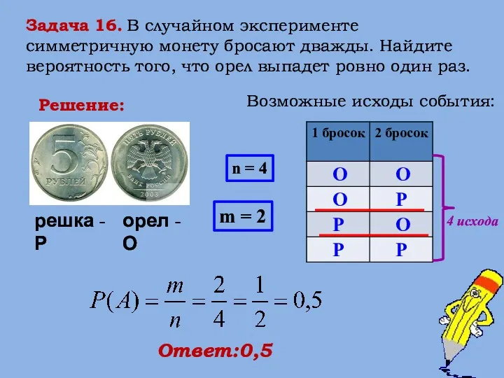 Задача 16. В случайном эксперименте симметричную монету бросают дважды. Найдите вероятность того, что