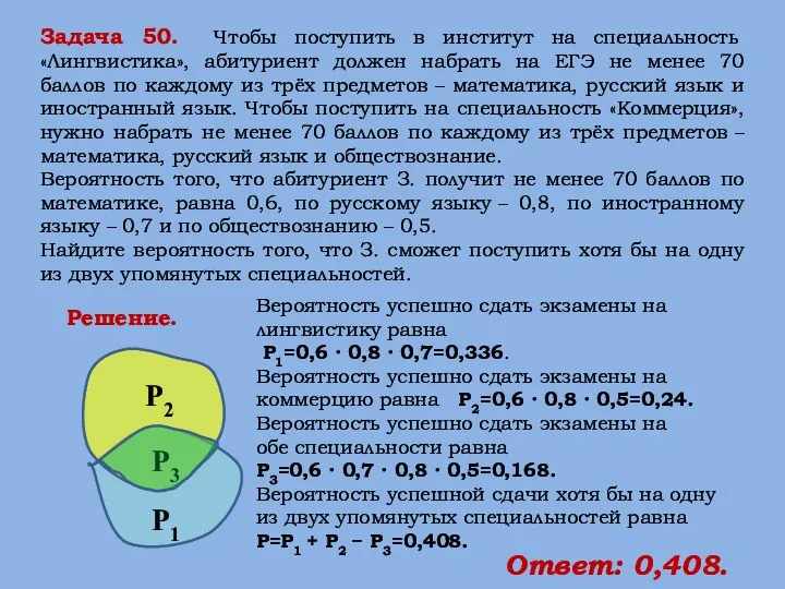 Решение. Задача 50. Чтобы поступить в институт на специальность «Лингвистика», абитуриент должен набрать