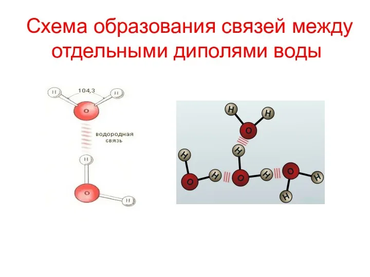 Схема образования связей между отдельными диполями воды