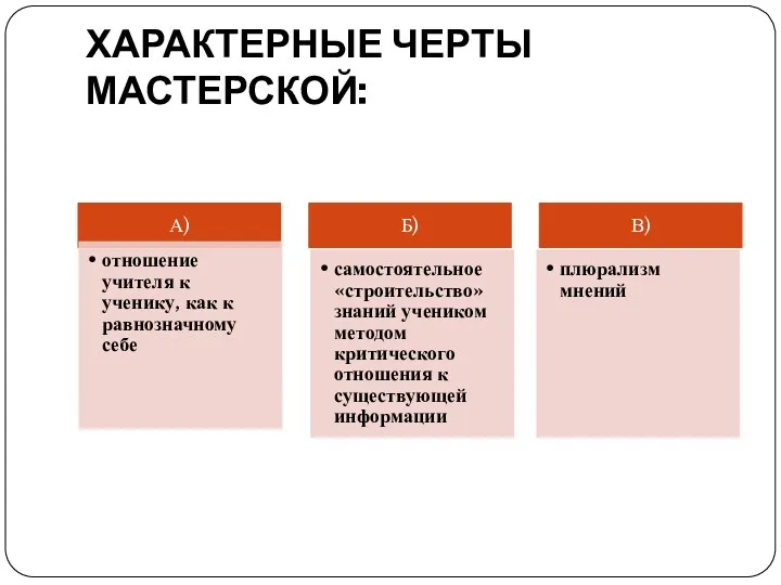 ХАРАКТЕРНЫЕ ЧЕРТЫ МАСТЕРСКОЙ: