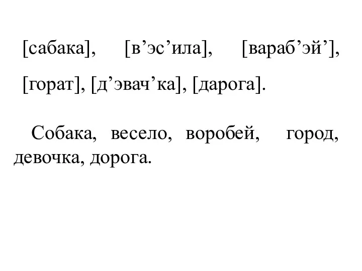 [сабака], [в’эс’ила], [вараб’эй’], [горат], [д’эвач’ка], [дарога]. Собака, весело, воробей, город, девочка, дорога.