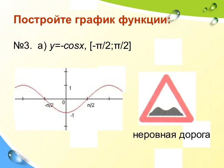 Постройте график функции: №3. а) у=-cosx, [-π/2;π/2] неровная дорога