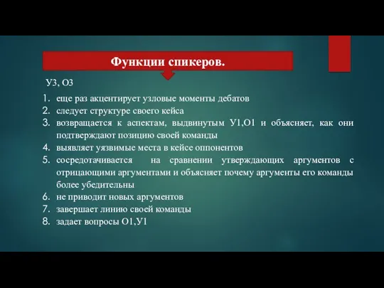 Функции спикеров. У3, О3 еще раз акцентирует узловые моменты дебатов