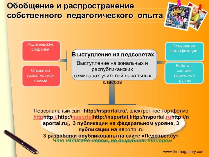 Обобщение и распространение собственного педагогического опыта Выступление на педсоветах Выступление