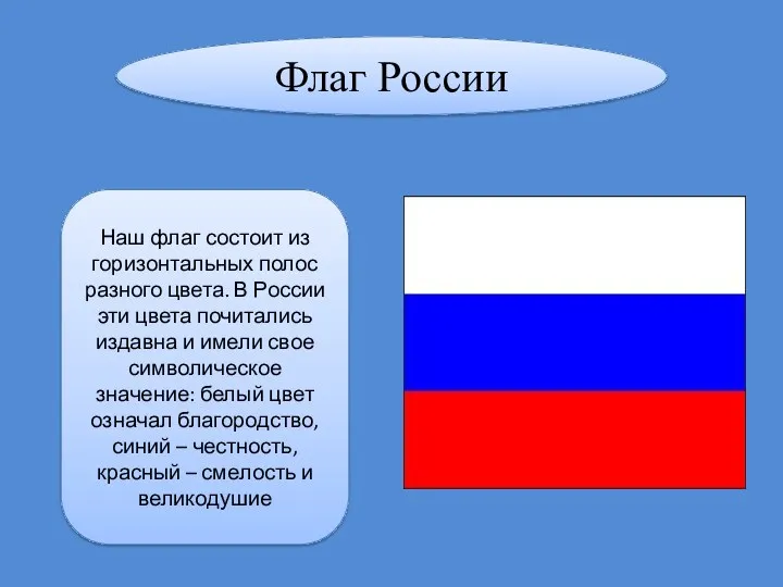 Флаг России Наш флаг состоит из горизонтальных полос разного цвета.