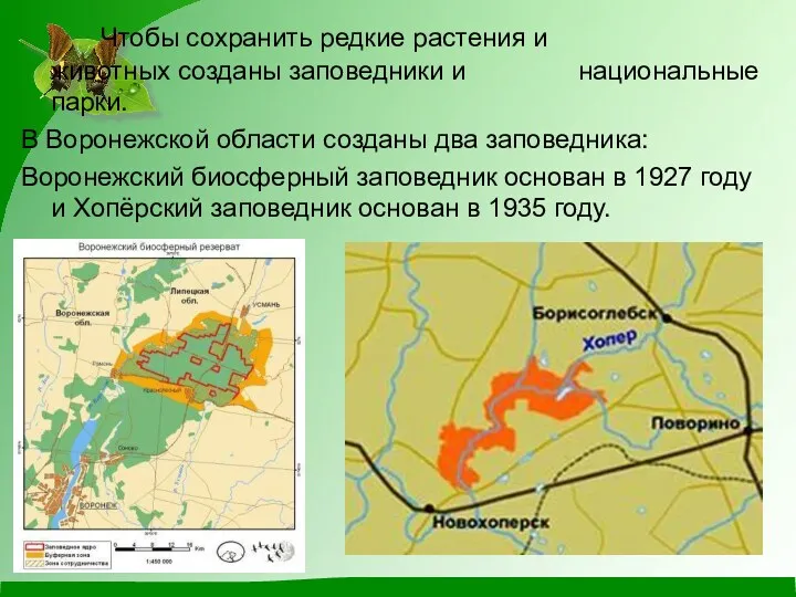 Чтобы сохранить редкие растения и животных созданы заповедники и национальные