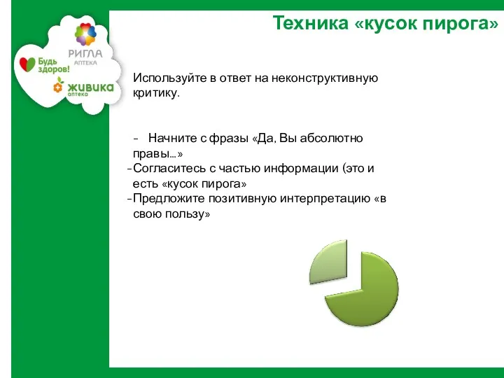 Техника «кусок пирога» Используйте в ответ на неконструктивную критику. -