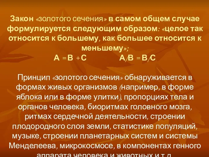 Закон «золотого сечения» в самом общем случае формулируется следующим образом: