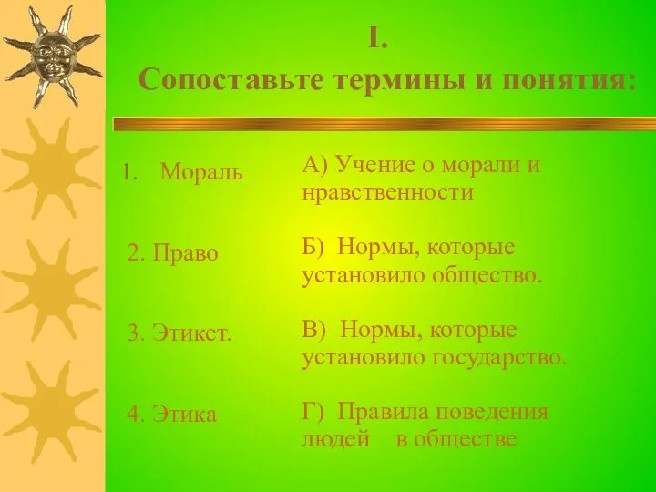 I. Сопоставьте термины и понятия: Мораль 2. Право 3. Этикет.