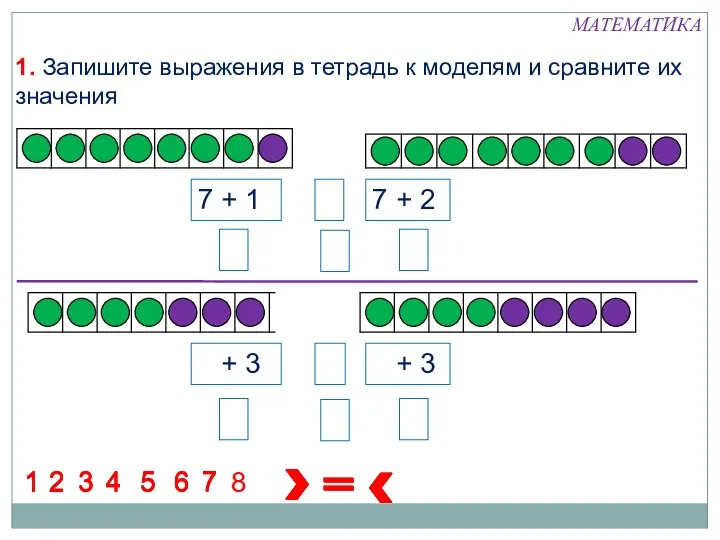 1. Запишите выражения в тетрадь к моделям и сравните их