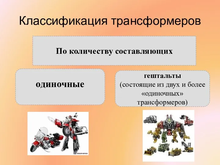 Классификация трансформеров По количеству составляющих одиночные гештальты (состоящие из двух и более «одиночных» трансформеров)