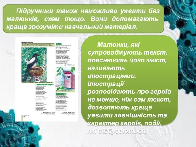 Підручники також неможливо уявити без малюнків, схем тощо. Вони допомагають