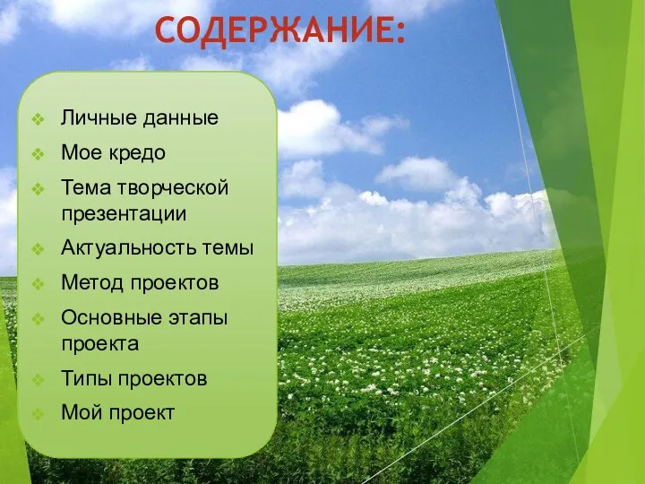 СОДЕРЖАНИЕ: Личные данные Мое кредо Тема творческой презентации Актуальность темы