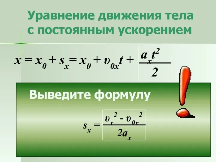 Уравнение движения тела с постоянным ускорением х = х0 +