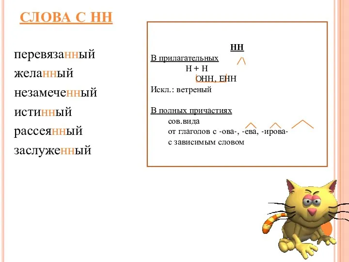 СЛОВА С НН перевязанный желанный незамеченный истинный рассеянный заслуженный НН