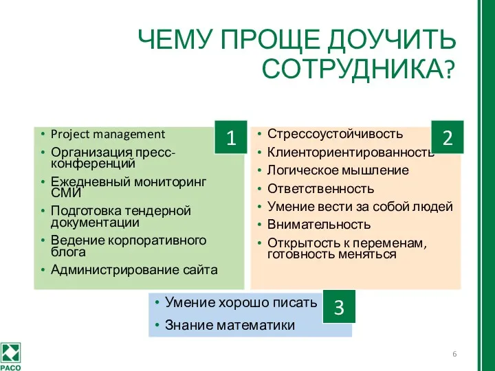 ЧЕМУ ПРОЩЕ ДОУЧИТЬ СОТРУДНИКА? Project management Организация пресс-конференций Ежедневный мониторинг