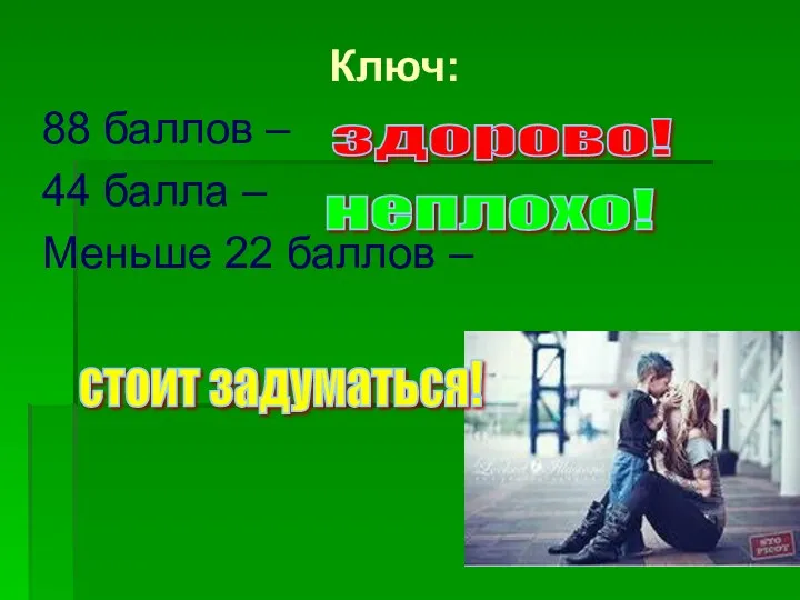 Ключ: 88 баллов – 44 балла – Меньше 22 баллов – здорово! неплохо! стоит задуматься!