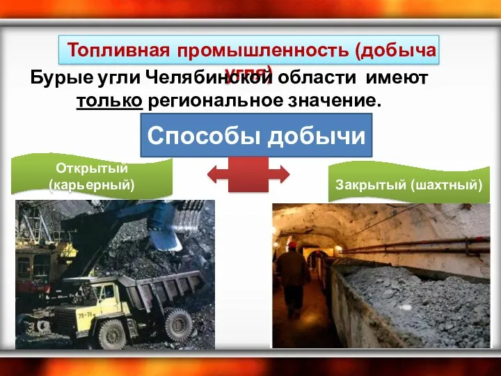 Топливная промышленность (добыча угля) Бурые угли Челябинской области имеют только региональное значение. Способы