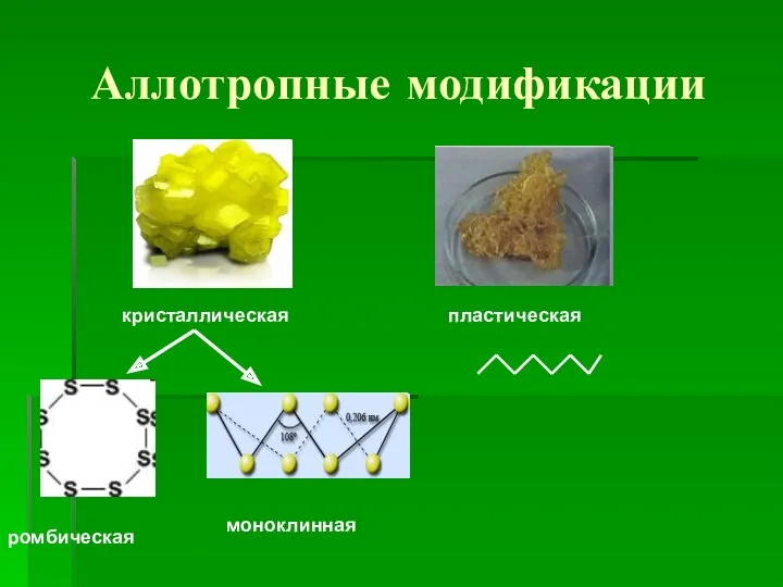 Аллотропные модификации кристаллическая пластическая ромбическая моноклинная