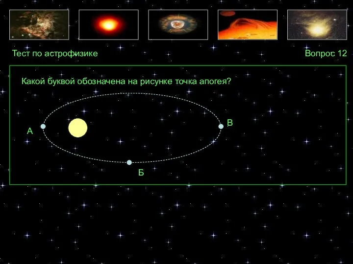 Тест по астрофизике Вопрос 12 А Б В Какой буквой обозначена на рисунке точка апогея?