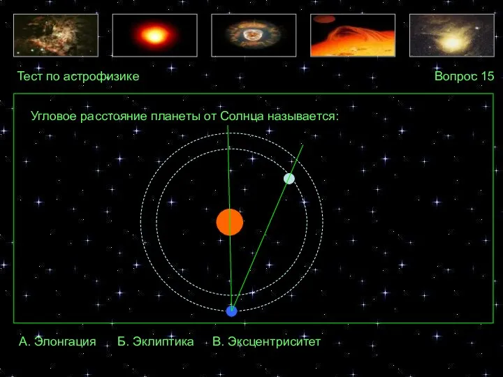 Тест по астрофизике Вопрос 15 А. Элонгация Б. Эклиптика В.